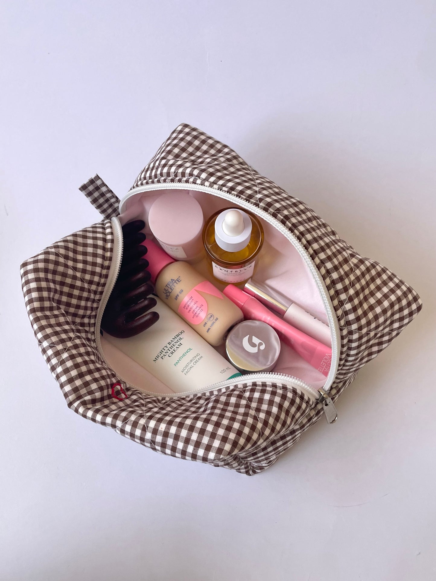 Brown Gingham Jumbo Makeup Bag