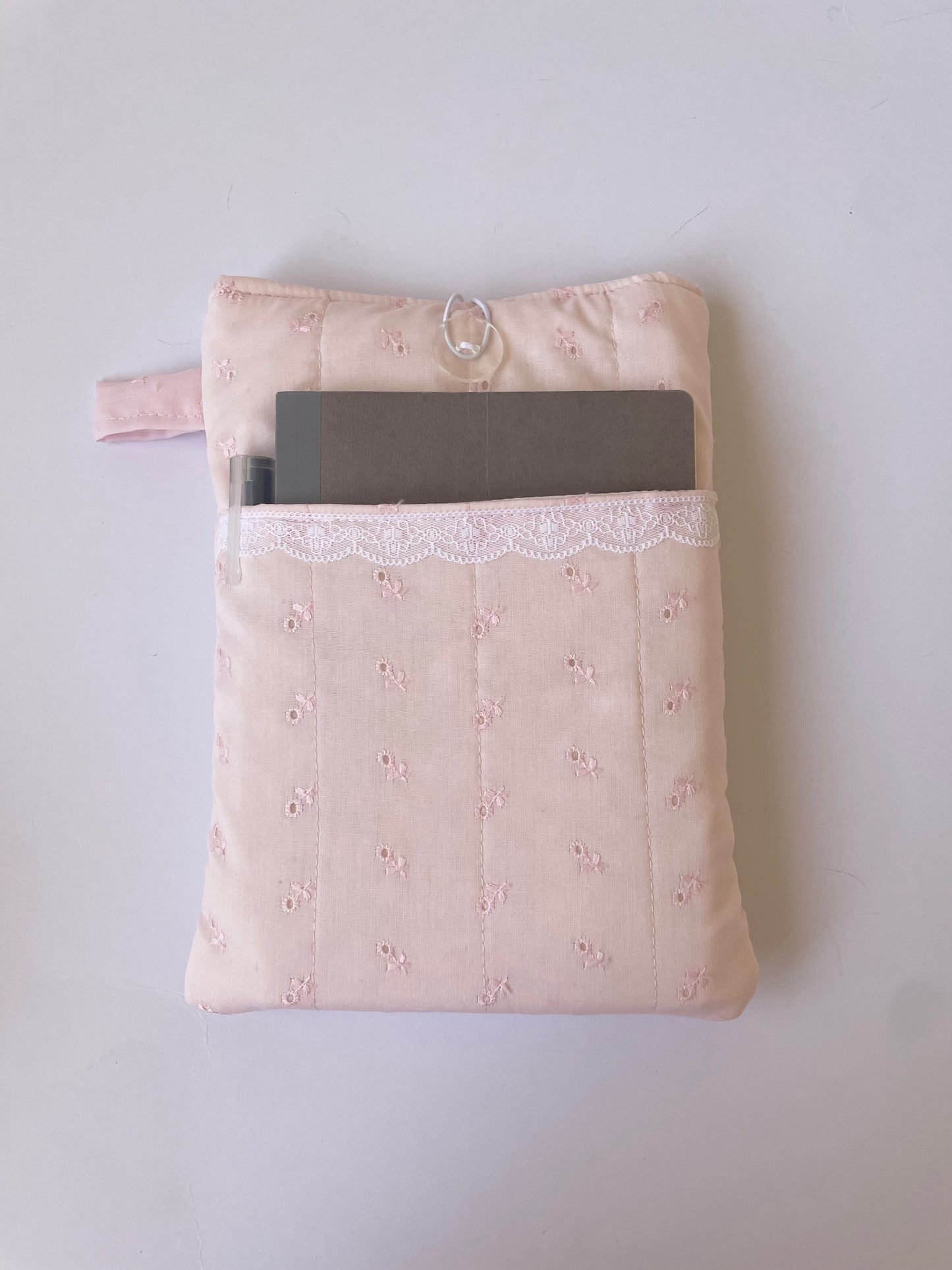 Pink Broderie Book Sleeve with Pocket