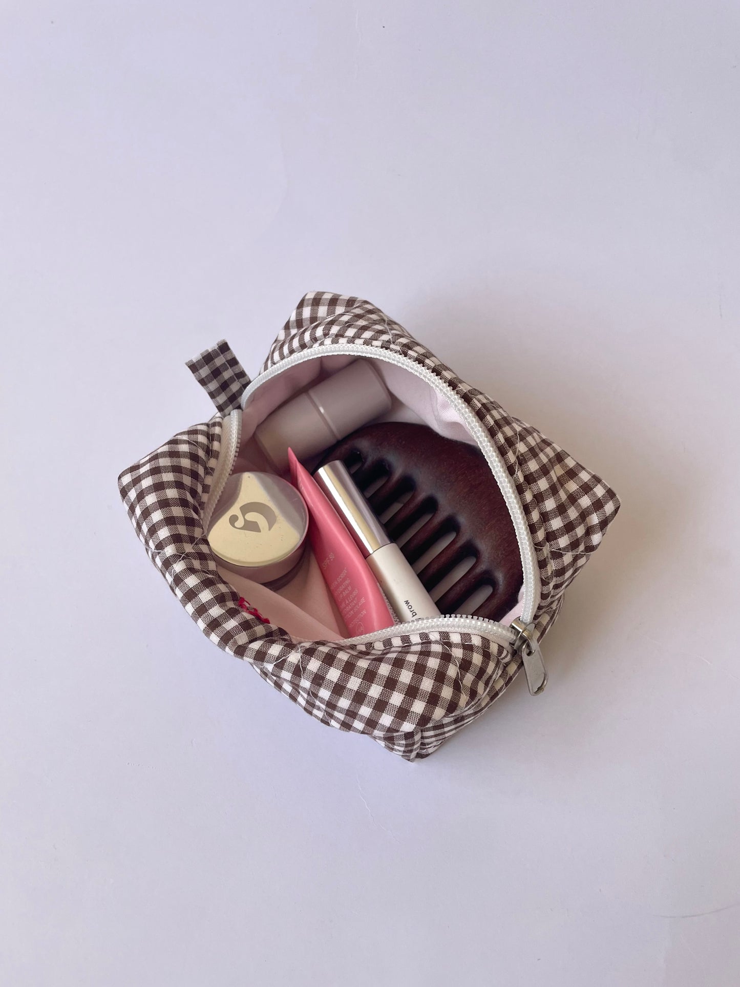Brown Gingham Mini Makeup Bag
