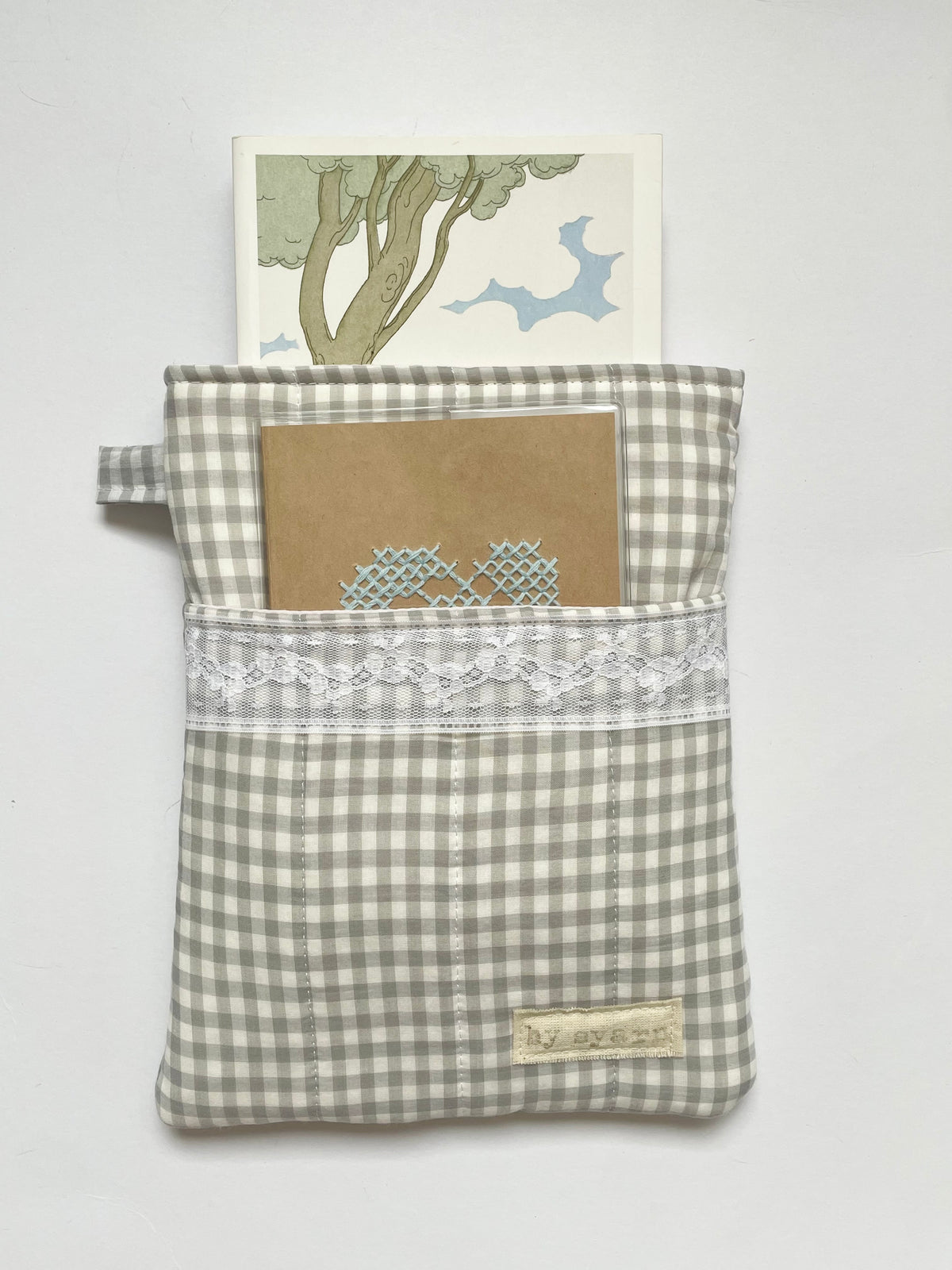 Grey Gingham Book Sleeve with Pocket