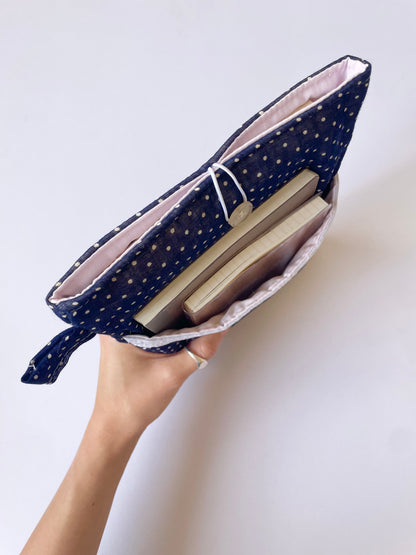 Navy Polka Book Sleeve with Pocket