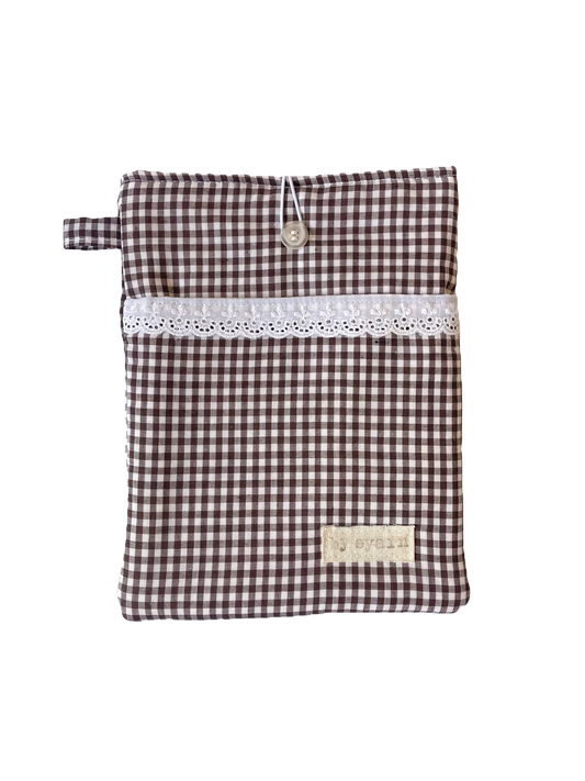 Chocolate Gingham Book Sleeve with Pocket