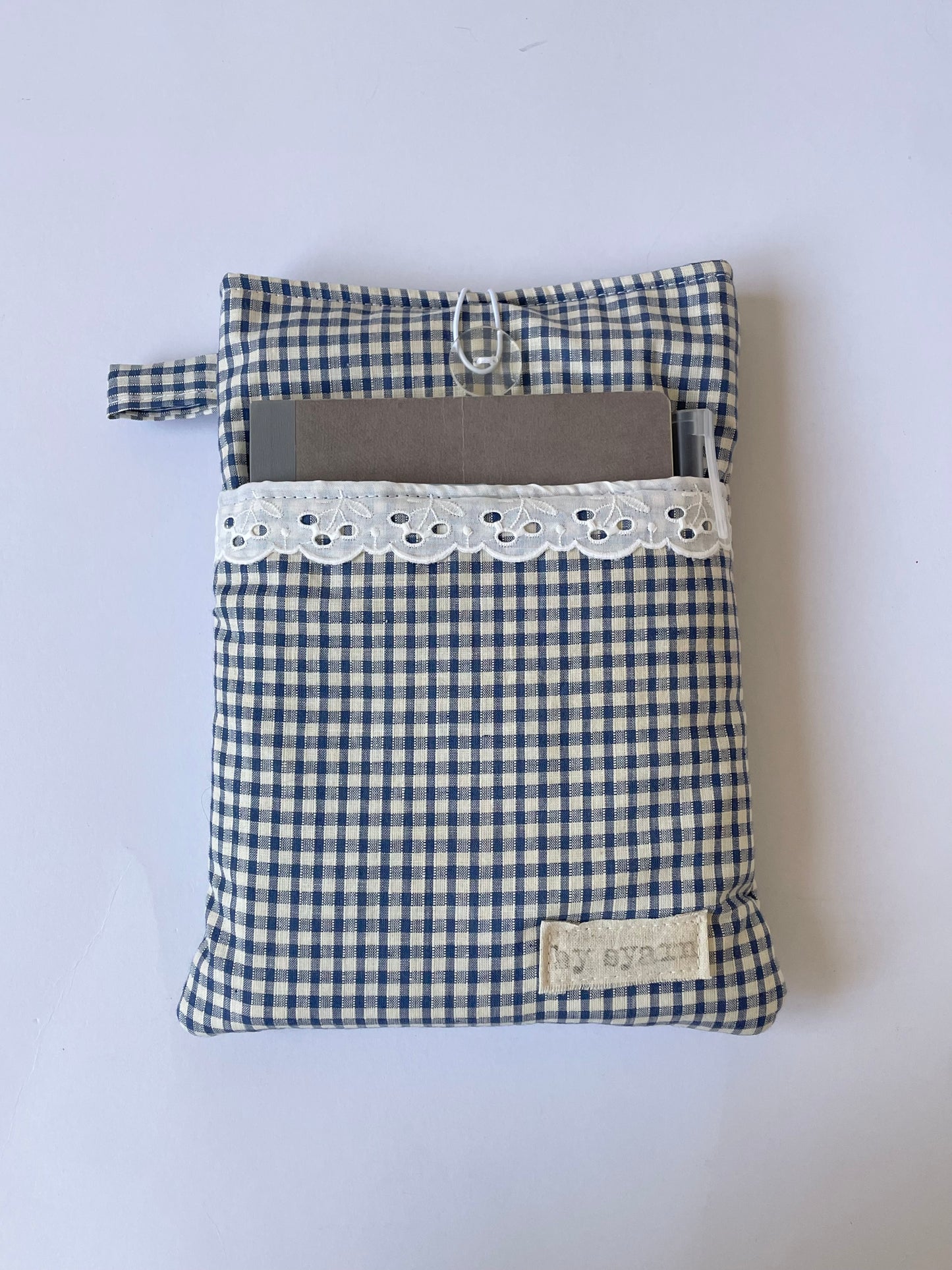 Navy Gingham Book Sleeve with Pocket