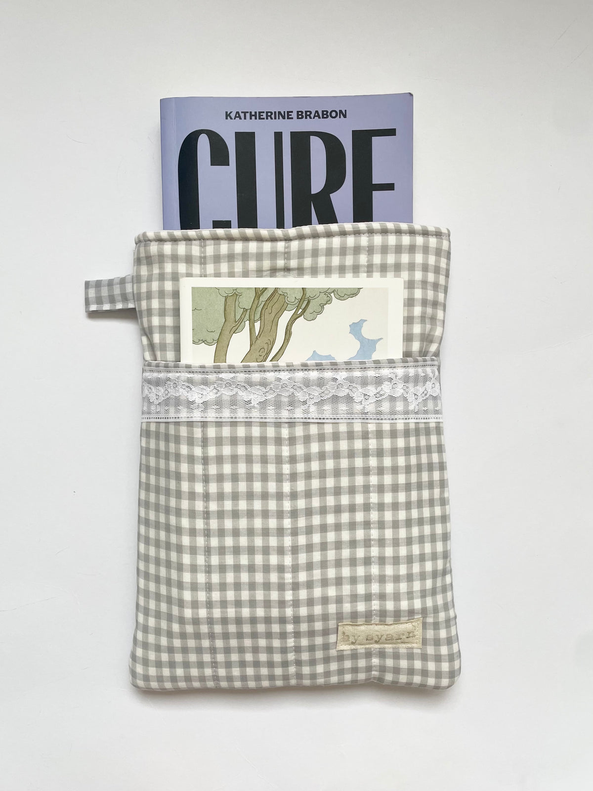 Grey Gingham Large Book Sleeve with Pocket