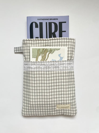 Grey Gingham Large Book Sleeve with Pocket