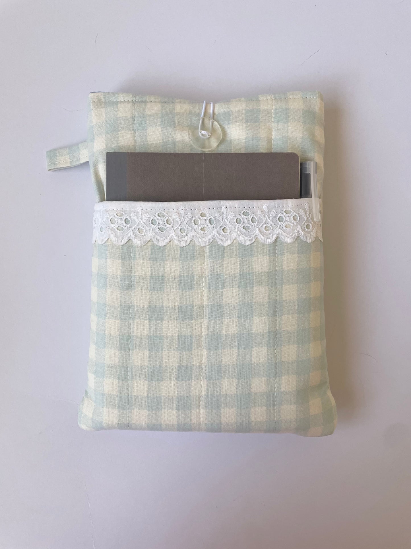 Blue Gingham Book Sleeve with Pocket