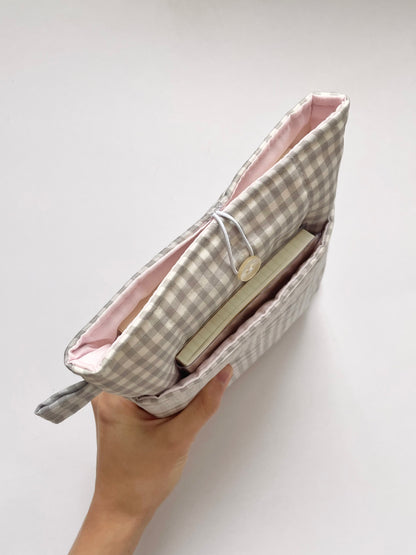 Grey Gingham Book Sleeve with Pocket