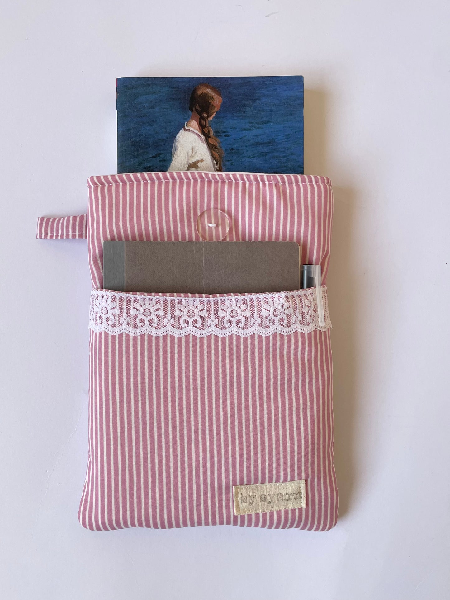 Pink Stripe Book Sleeve with Pocket