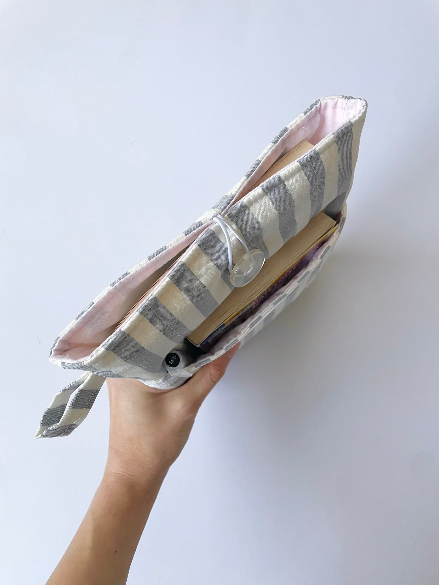 Grey Stripe Book Sleeve with Pocket