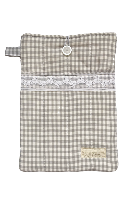Grey Gingham Large Book Sleeve with Pocket