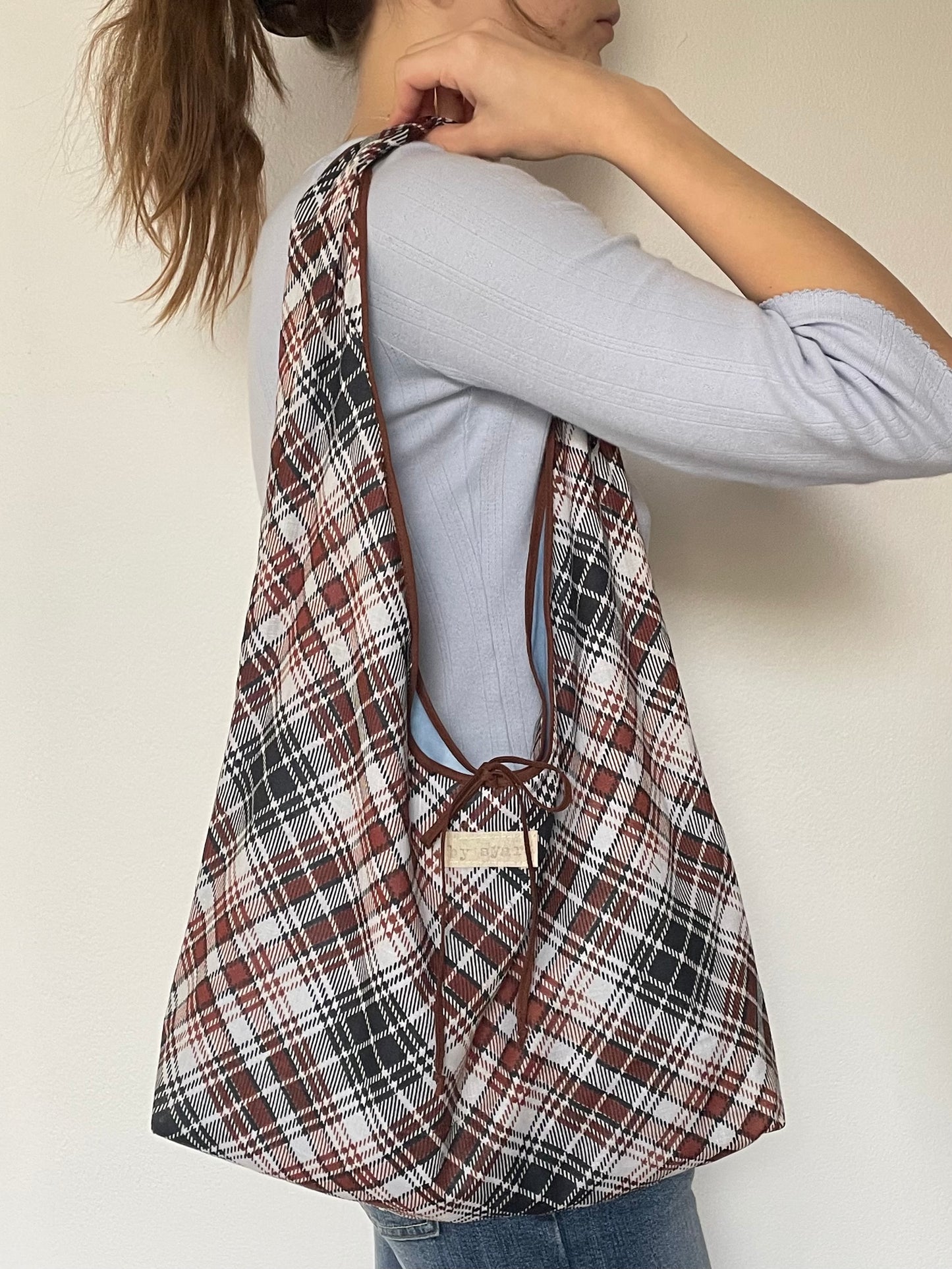 Brown Plaid Slouchy Bag with Tie