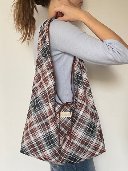 Brown Plaid Slouchy Bag with Tie