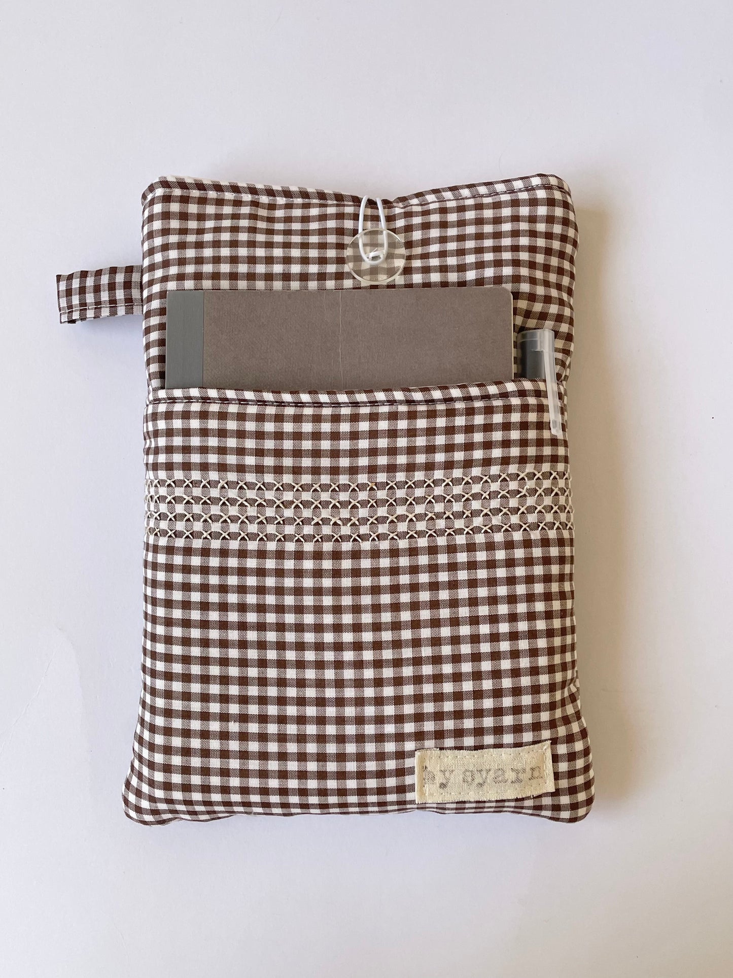 Brown Gingham Book Sleeve with Pocket