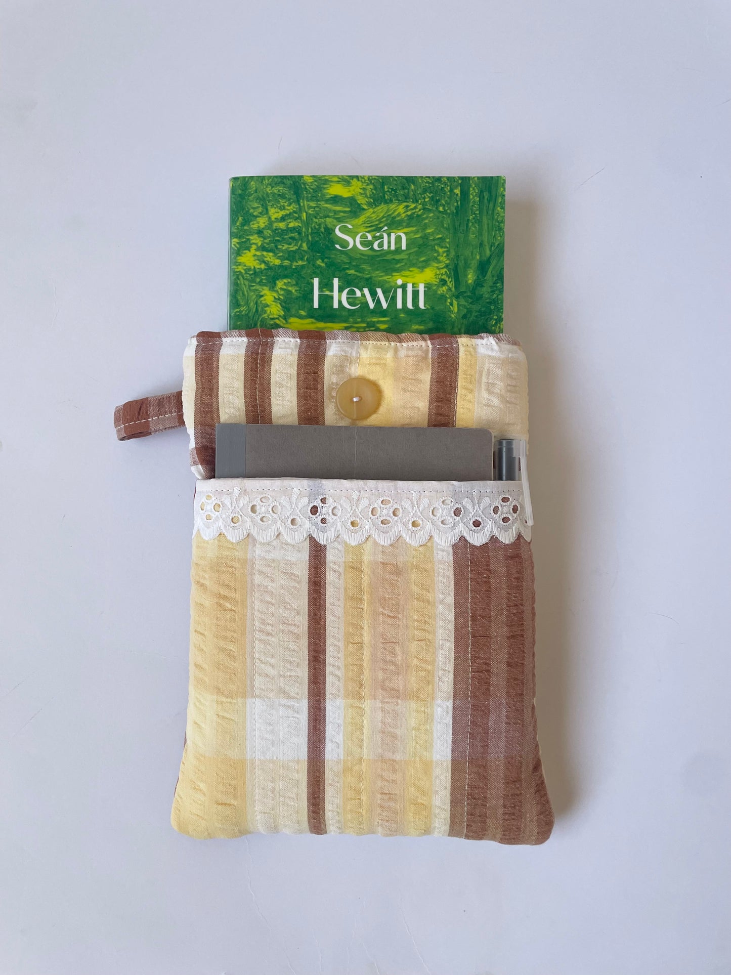 Brown Seersucker Book Sleeve with Pocket