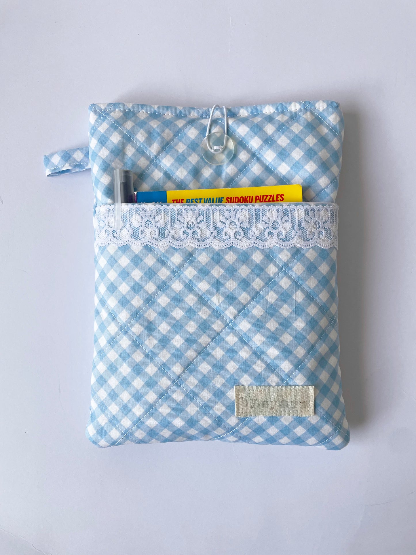 Blue Gingham Book Sleeve with Pocket