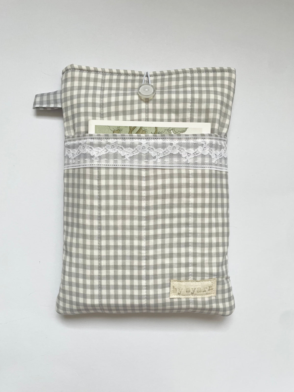 Grey Gingham Large Book Sleeve with Pocket
