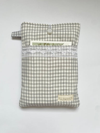 Grey Gingham Large Book Sleeve with Pocket