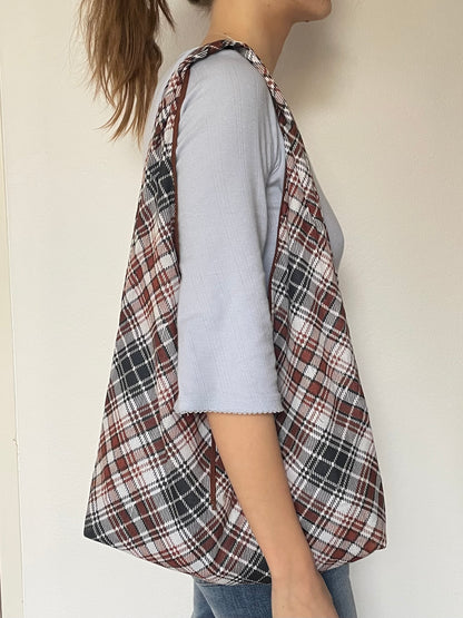 Brown Plaid Slouchy Bag with Tie