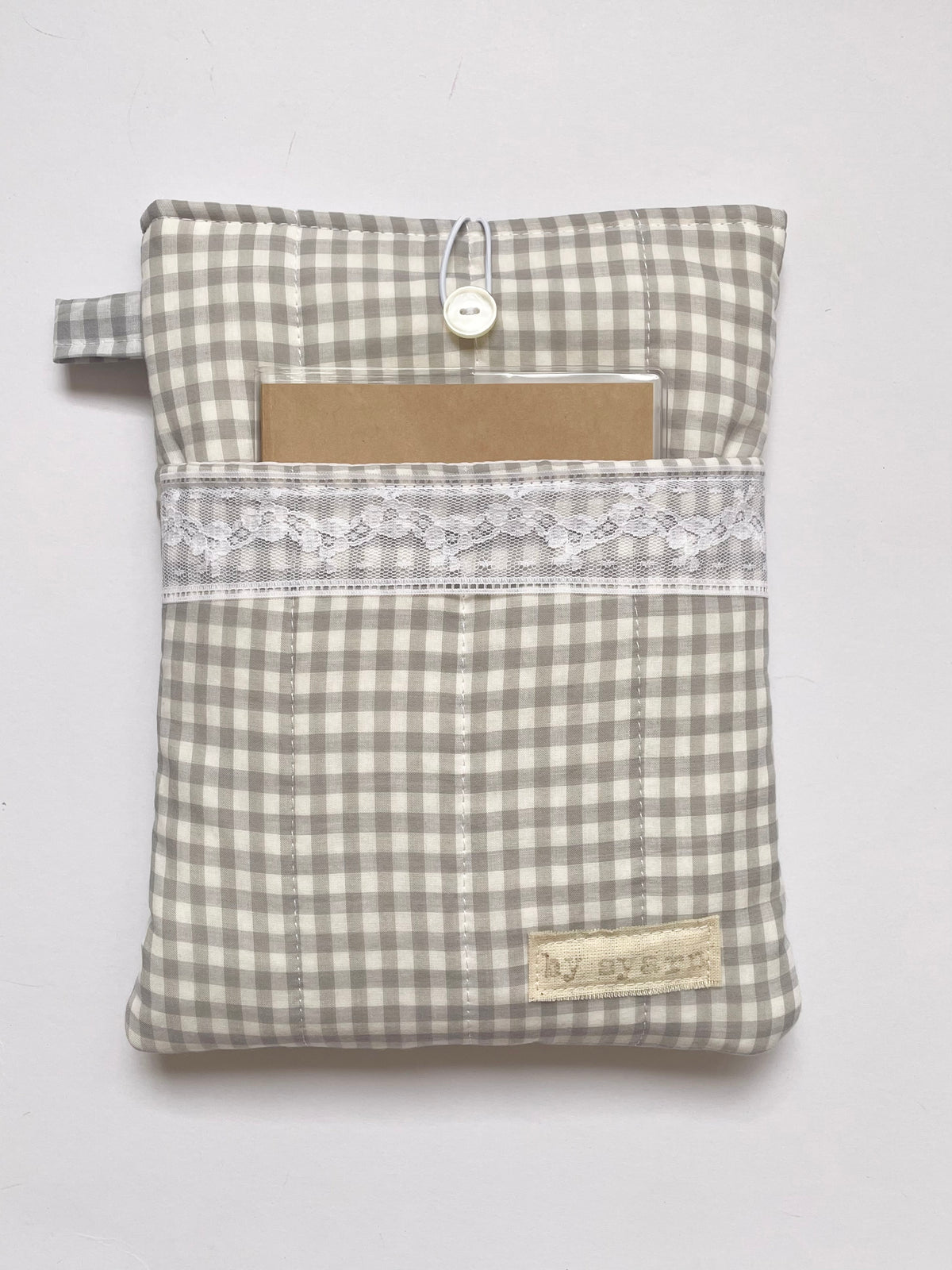 Grey Gingham Book Sleeve with Pocket