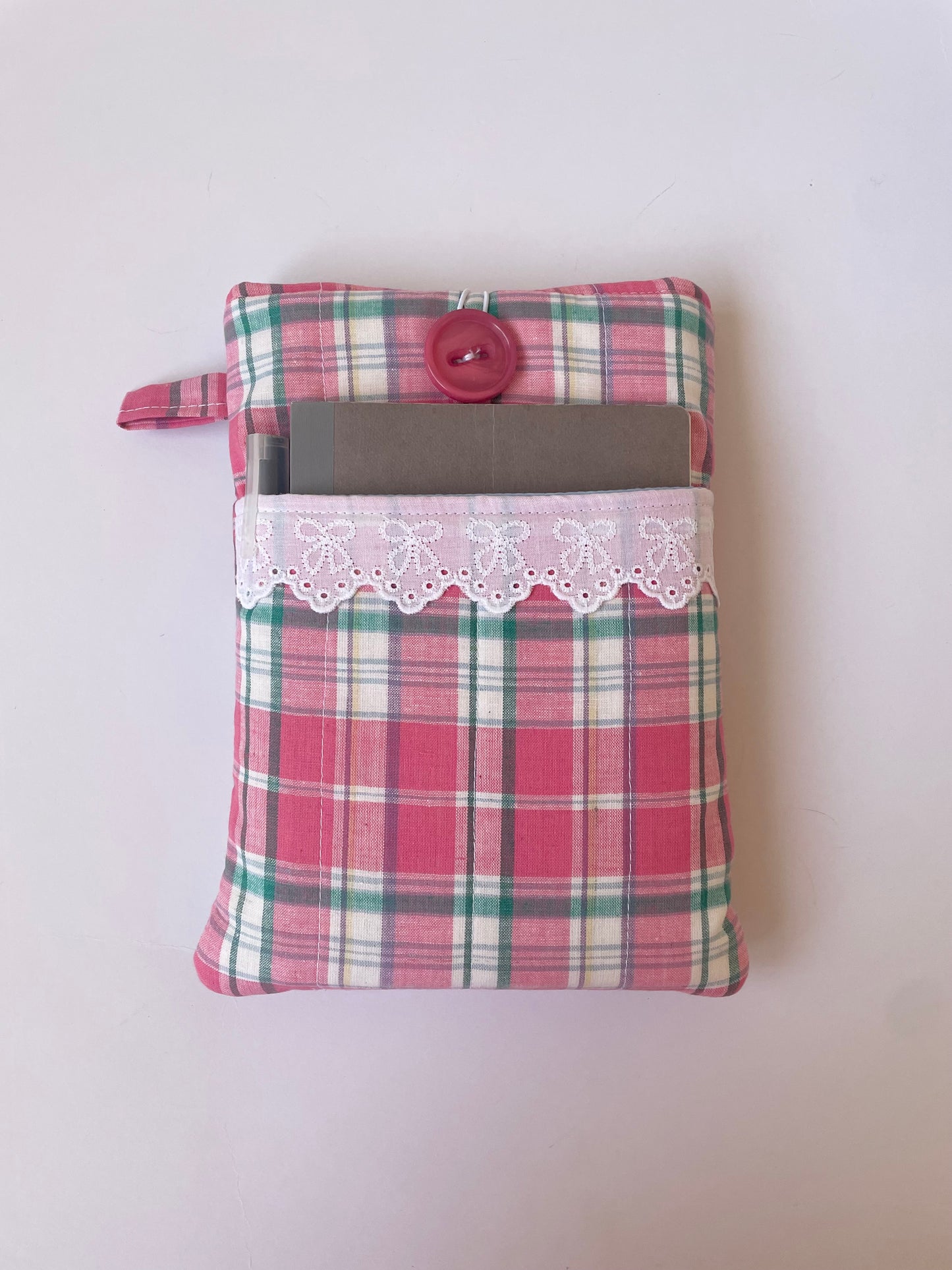 Pink Plaid Book Sleeve with Pocket