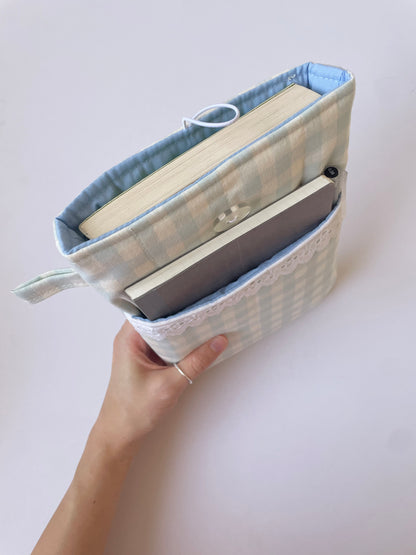 Blue Gingham Book Sleeve with Pocket
