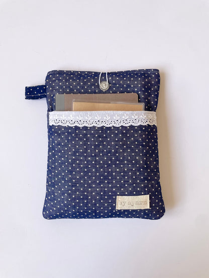 Navy Polka Book Sleeve with Pocket
