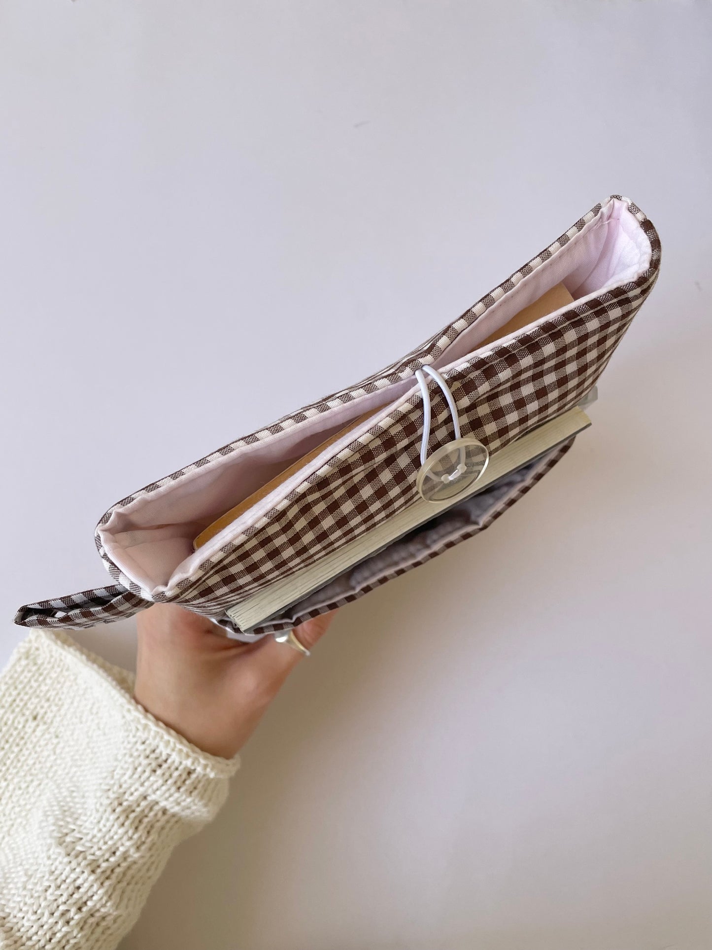 Brown Gingham Book Sleeve with Pocket