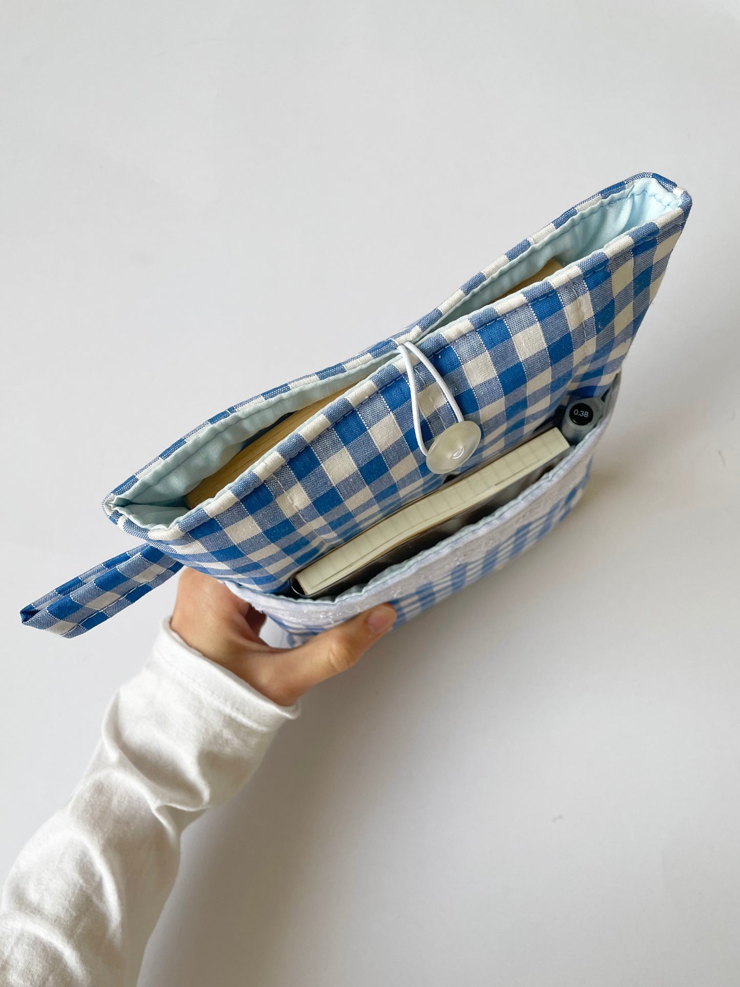Blue Gingham Book Sleeve with Pocket