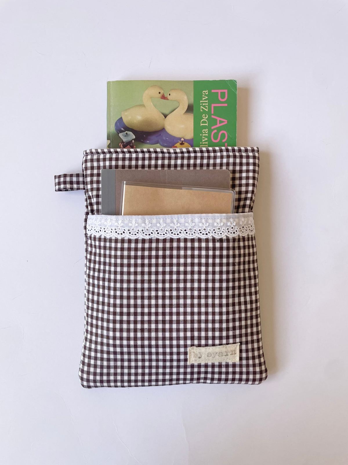 Chocolate Gingham Book Sleeve with Pocket