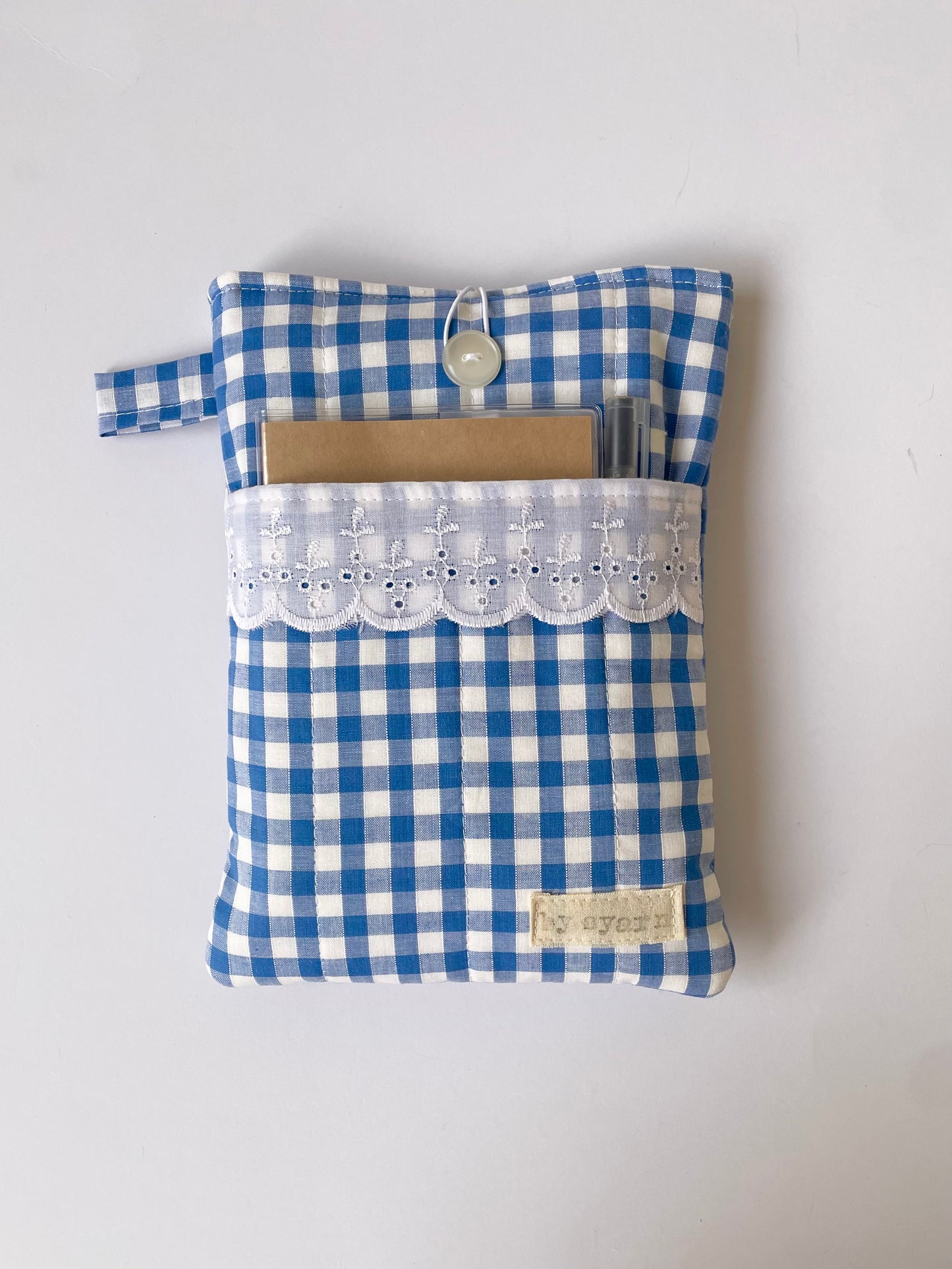 Blue Gingham Book Sleeve with Pocket