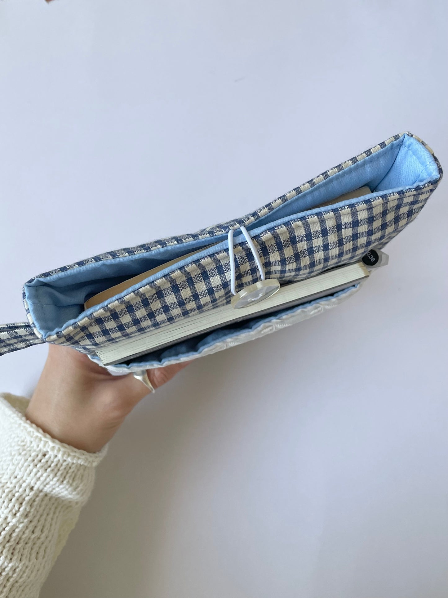 Navy Gingham Book Sleeve with Pocket