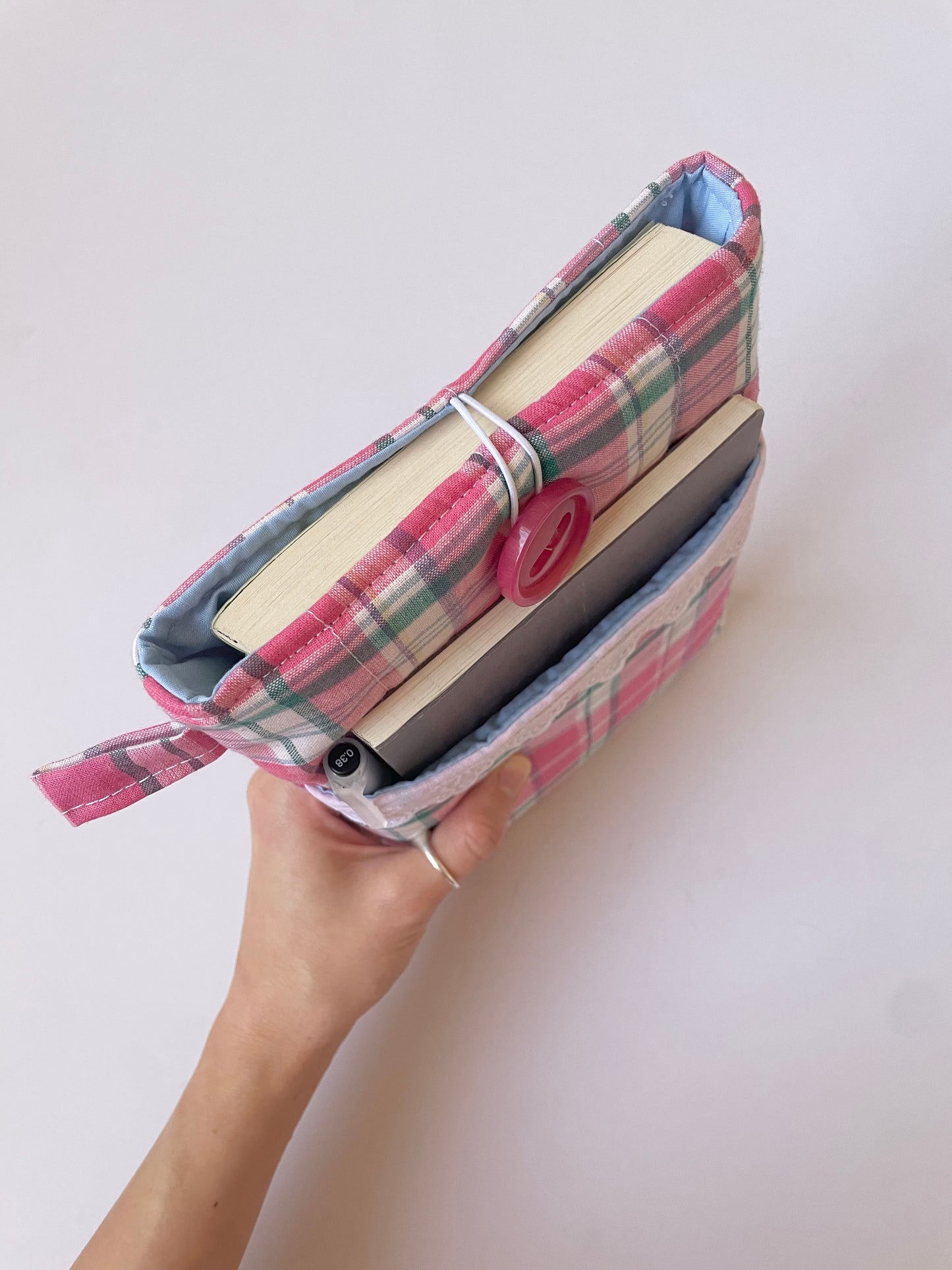 Pink Plaid Book Sleeve with Pocket