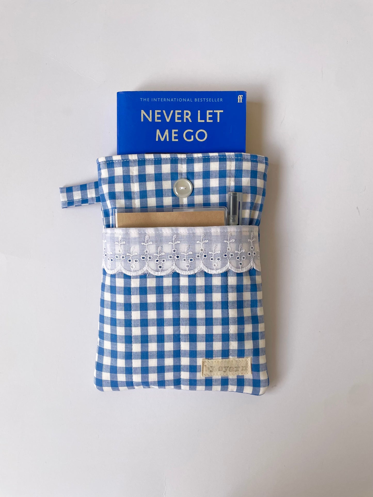Blue Gingham Book Sleeve with Pocket