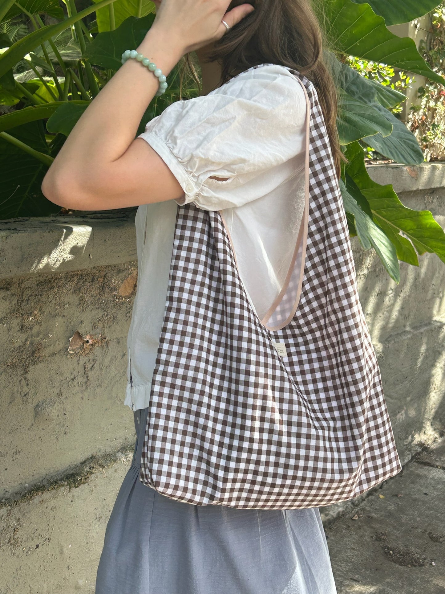 Brown Gingham Slouchy Bag