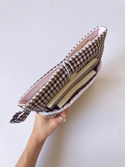 Chocolate Gingham Book Sleeve with Pocket