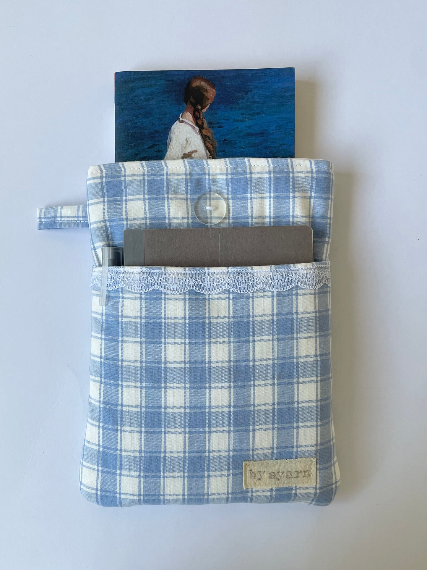 Blue Check Book Sleeve with Pocket