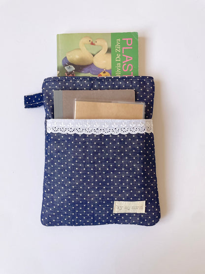 Navy Polka Book Sleeve with Pocket