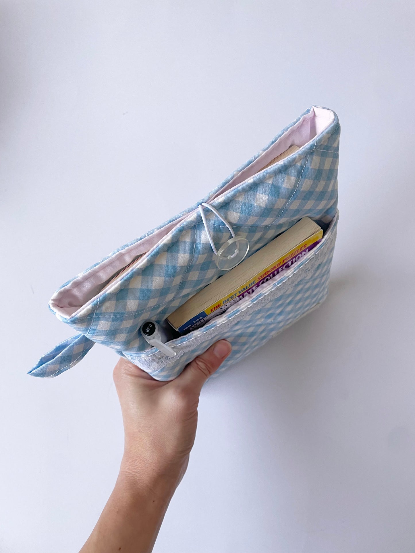 Blue Gingham Book Sleeve with Pocket