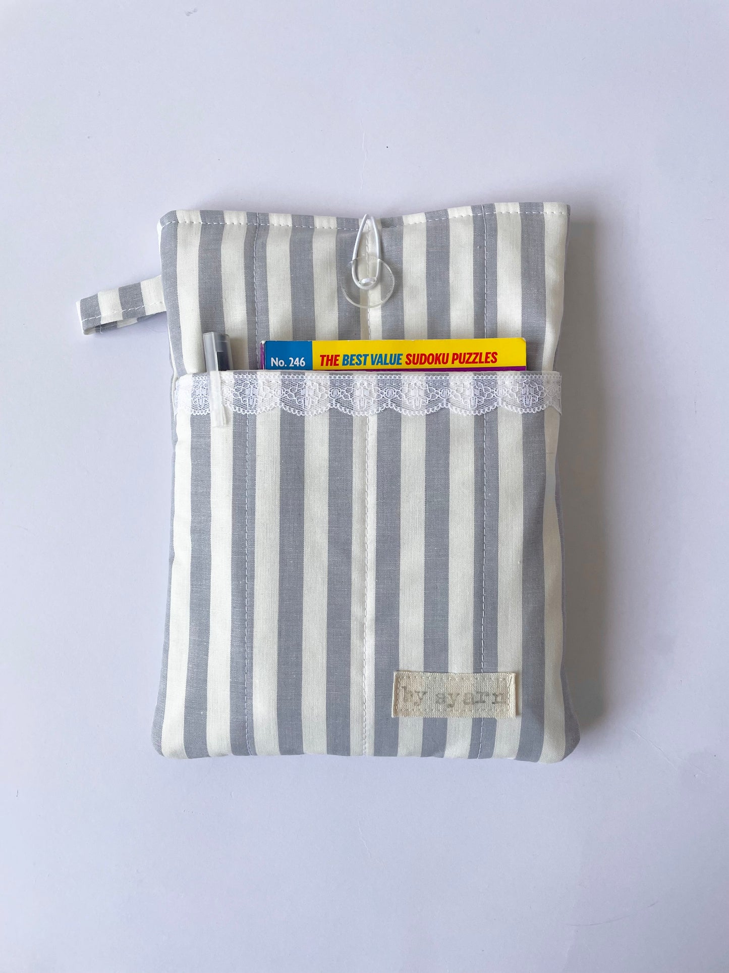 Grey Stripe Book Sleeve with Pocket