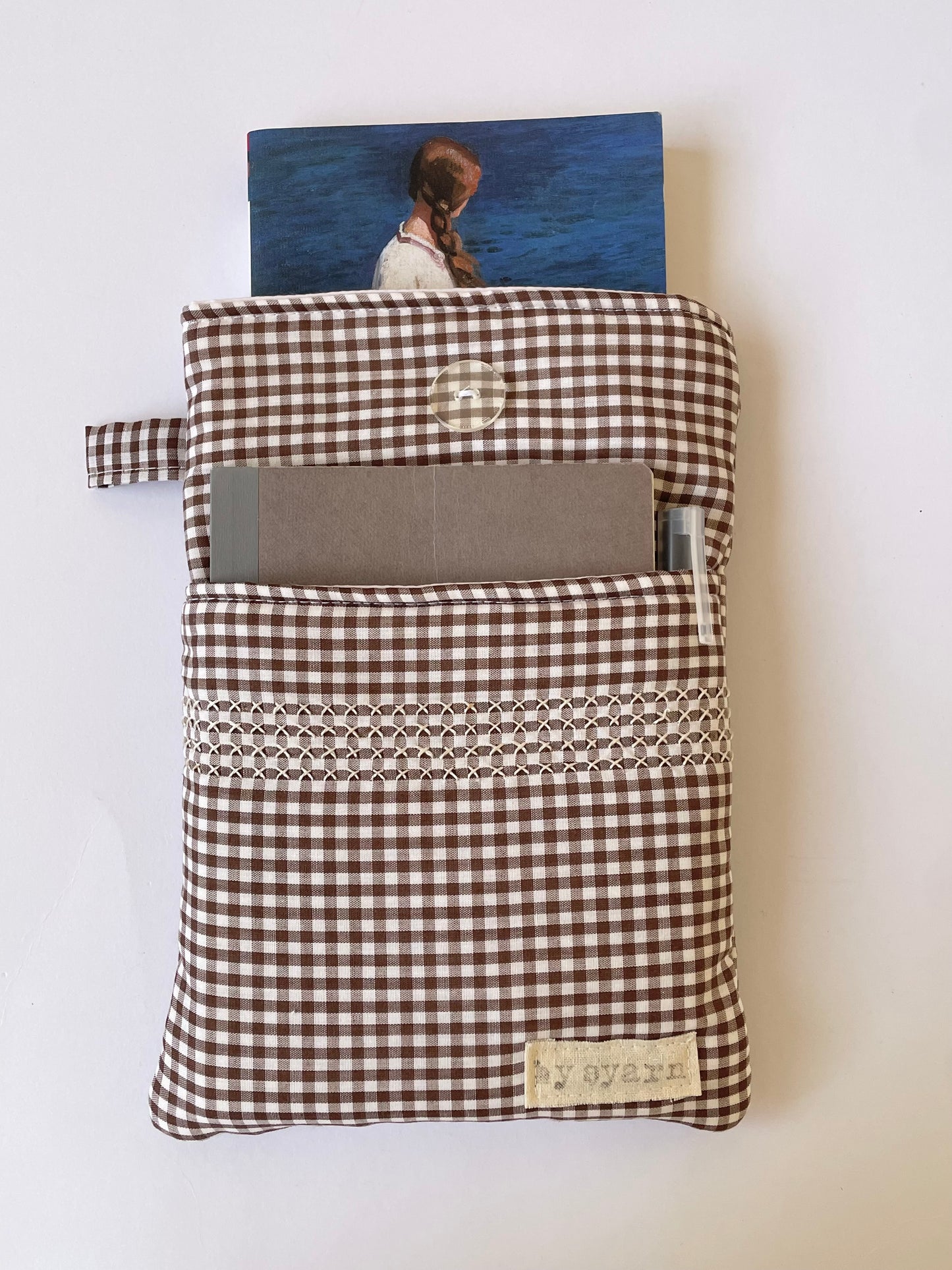 Brown Gingham Book Sleeve with Pocket