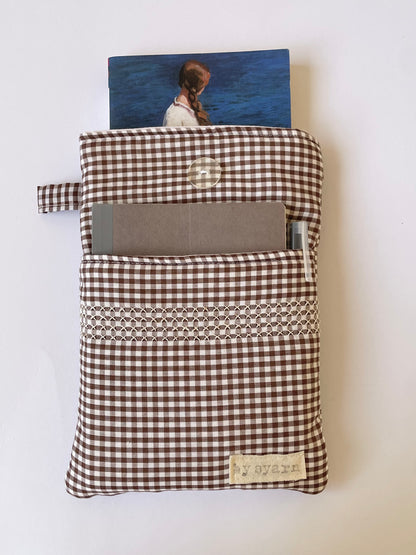 Brown Gingham Book Sleeve with Pocket