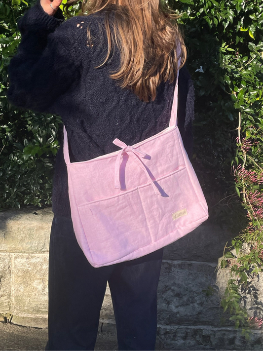 Pink Linen Tote Bow Bag