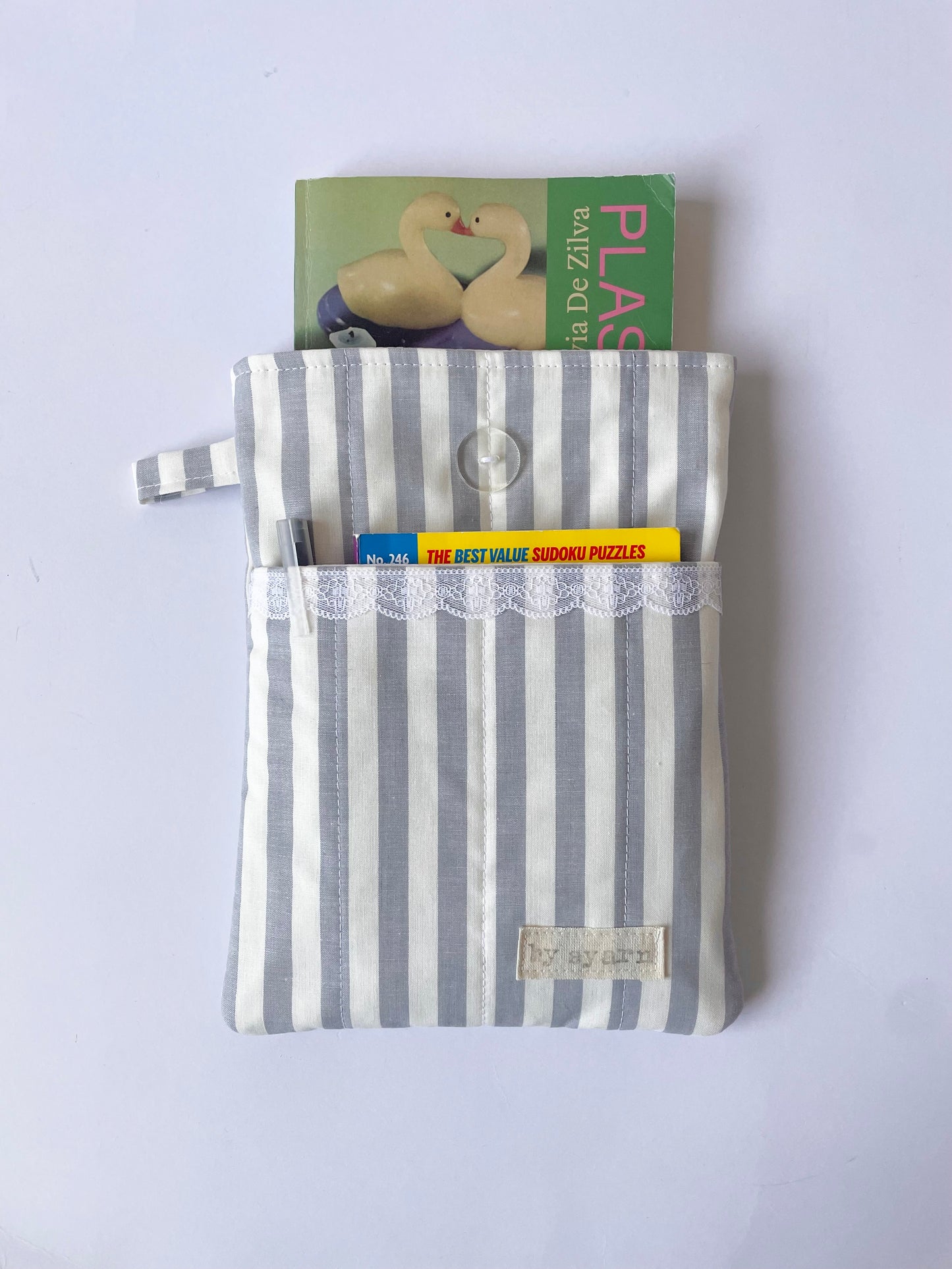 Grey Stripe Book Sleeve with Pocket