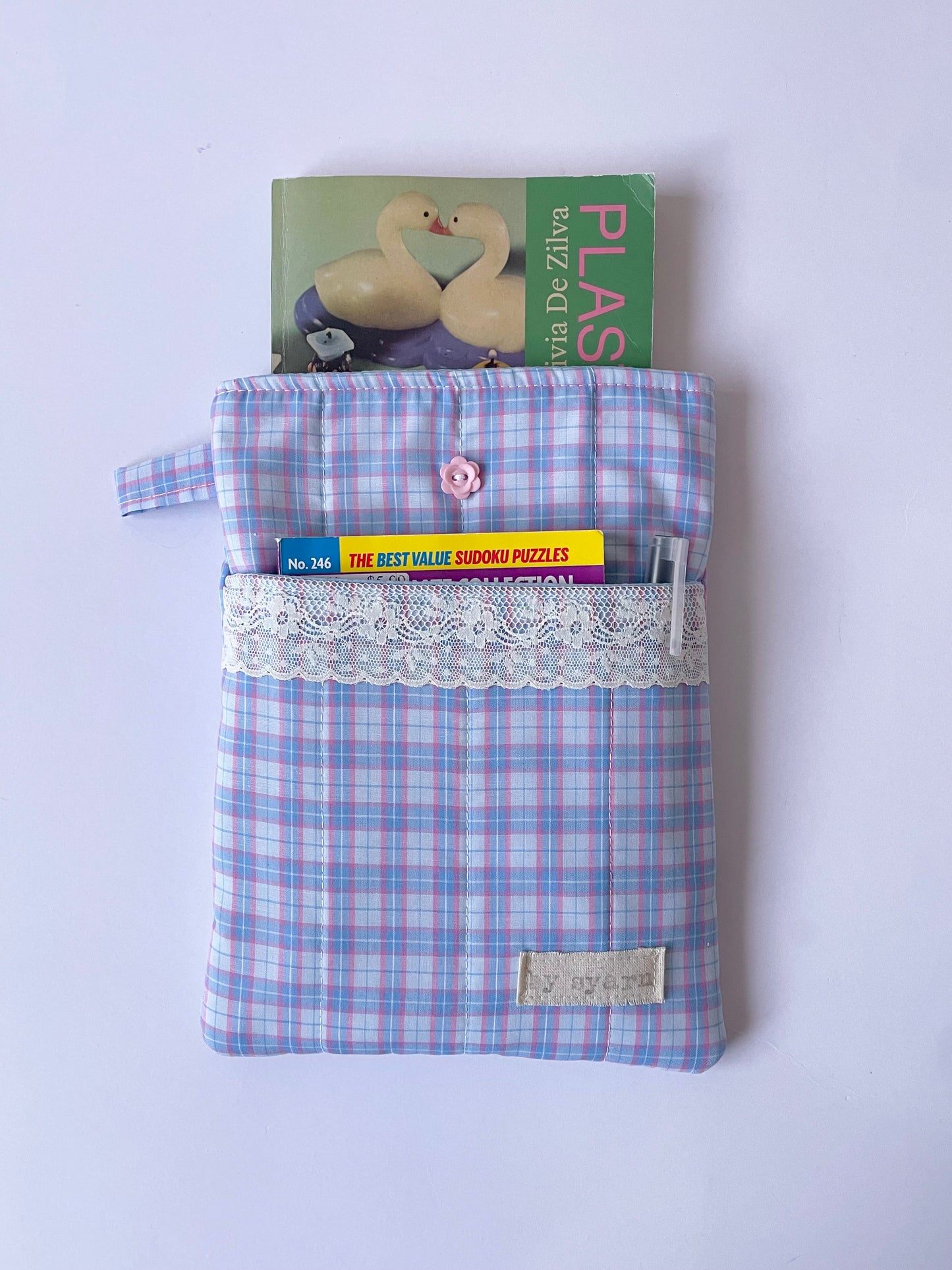 Blueberry Check Book Sleeve with Pocket