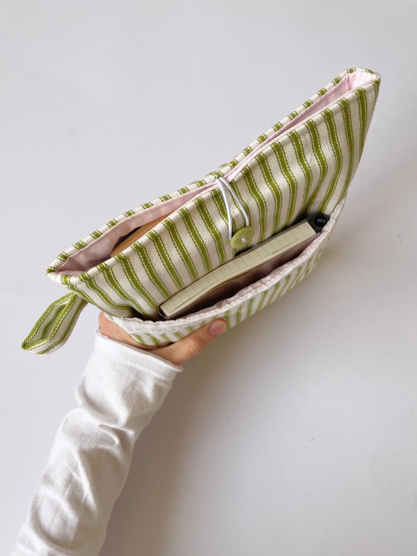 Green Stripe Book Sleeve with Pocket