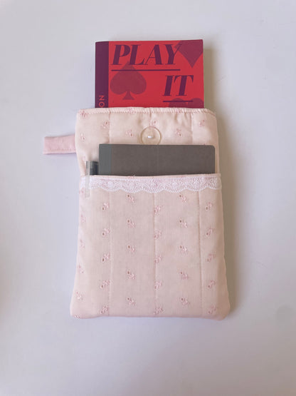 Pink Broderie Book Sleeve with Pocket
