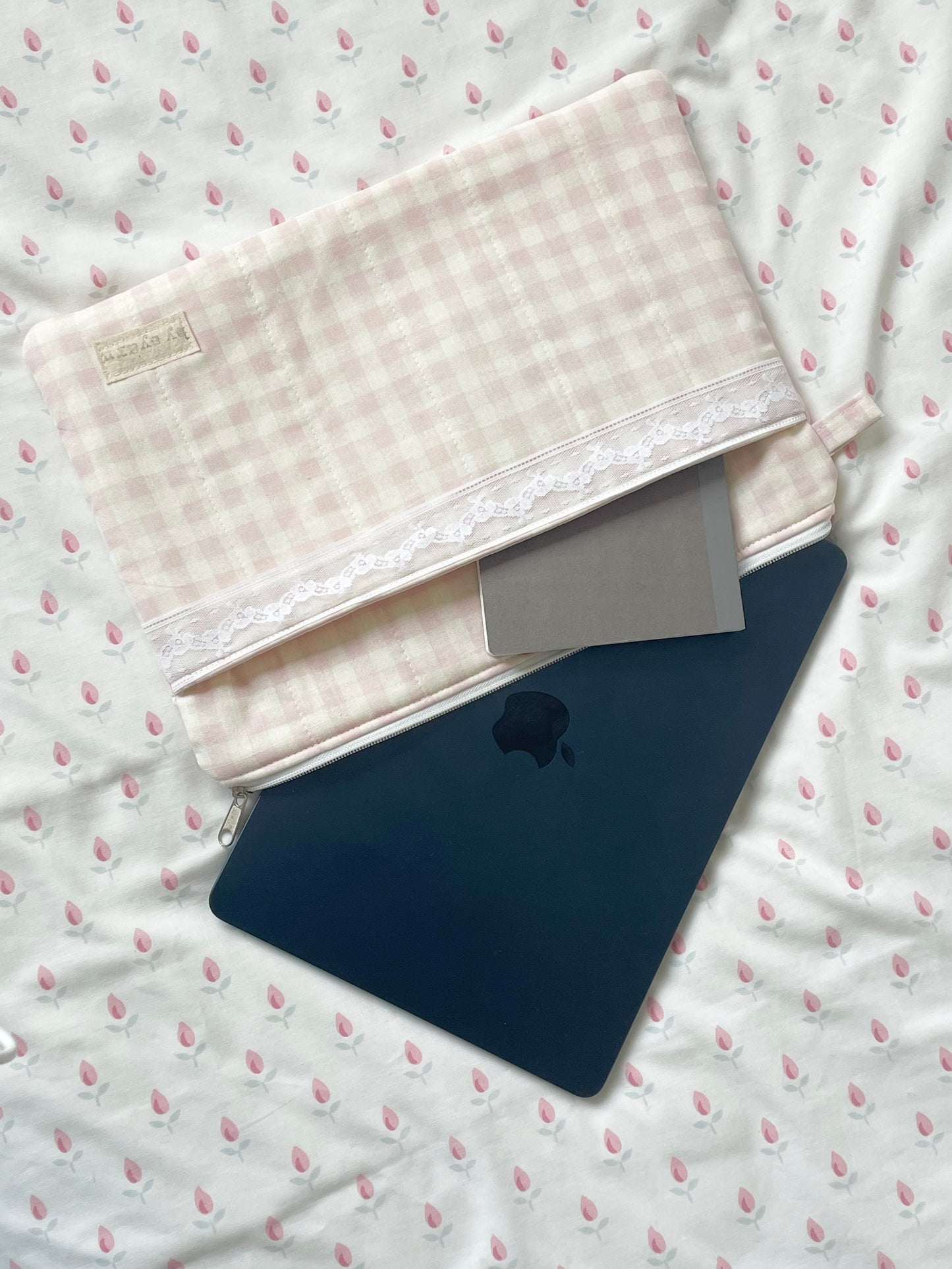 Pink Gingham Laptop Sleeve with Pocket