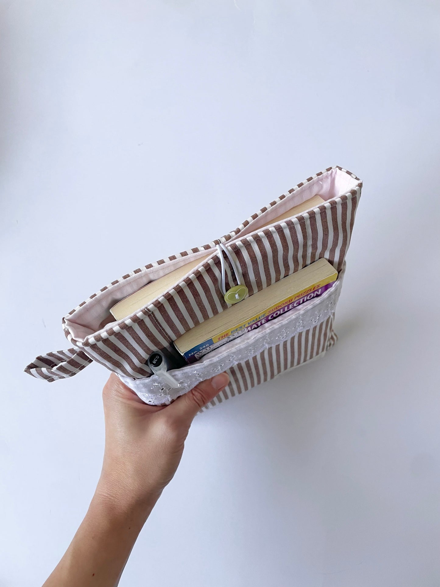 Brown Stripe Book Sleeve with Pocket