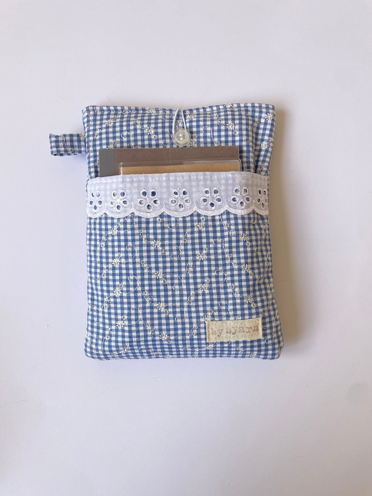 Blue Broderie Book Sleeve with Pocket
