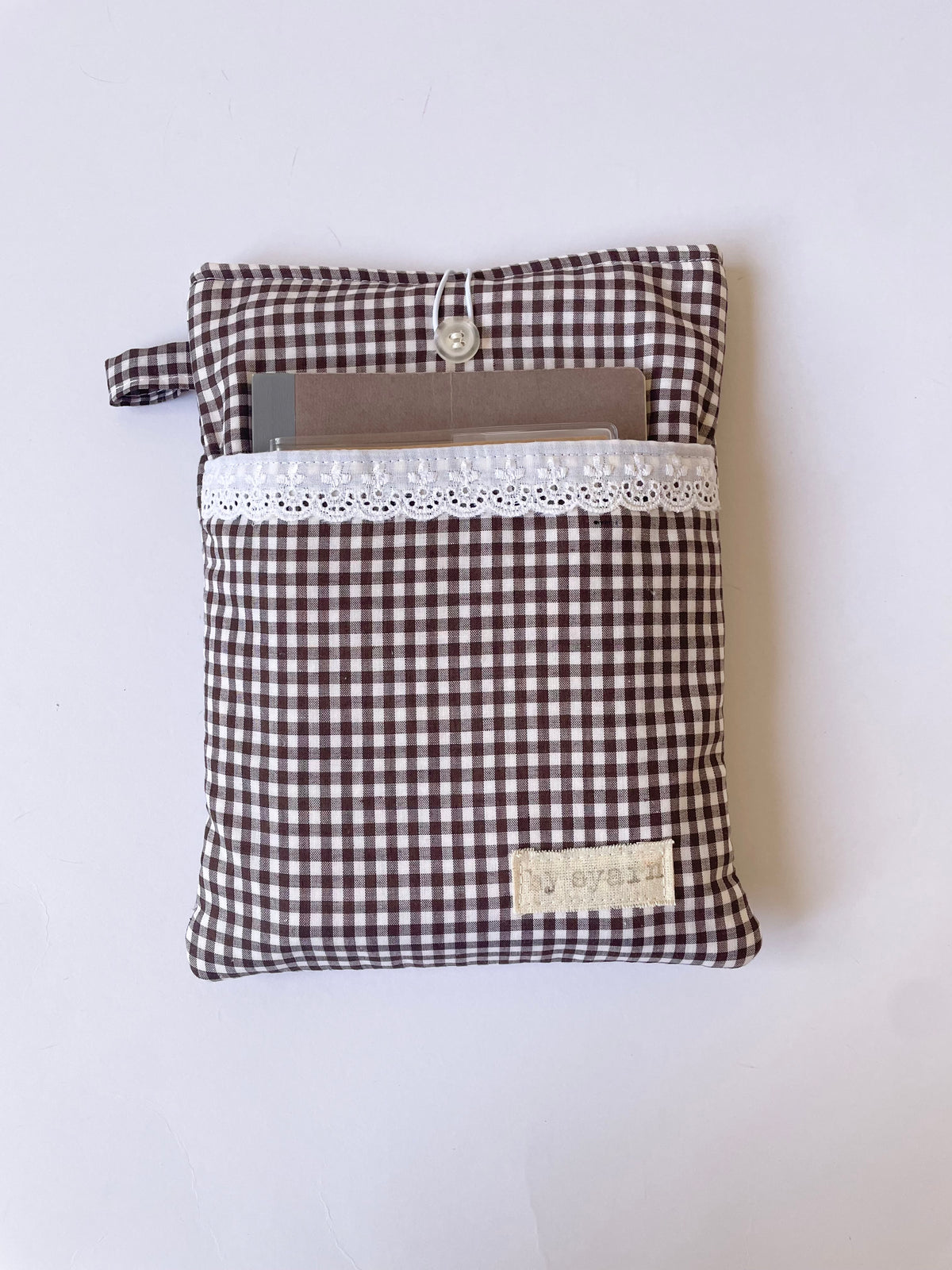 Chocolate Gingham Book Sleeve with Pocket